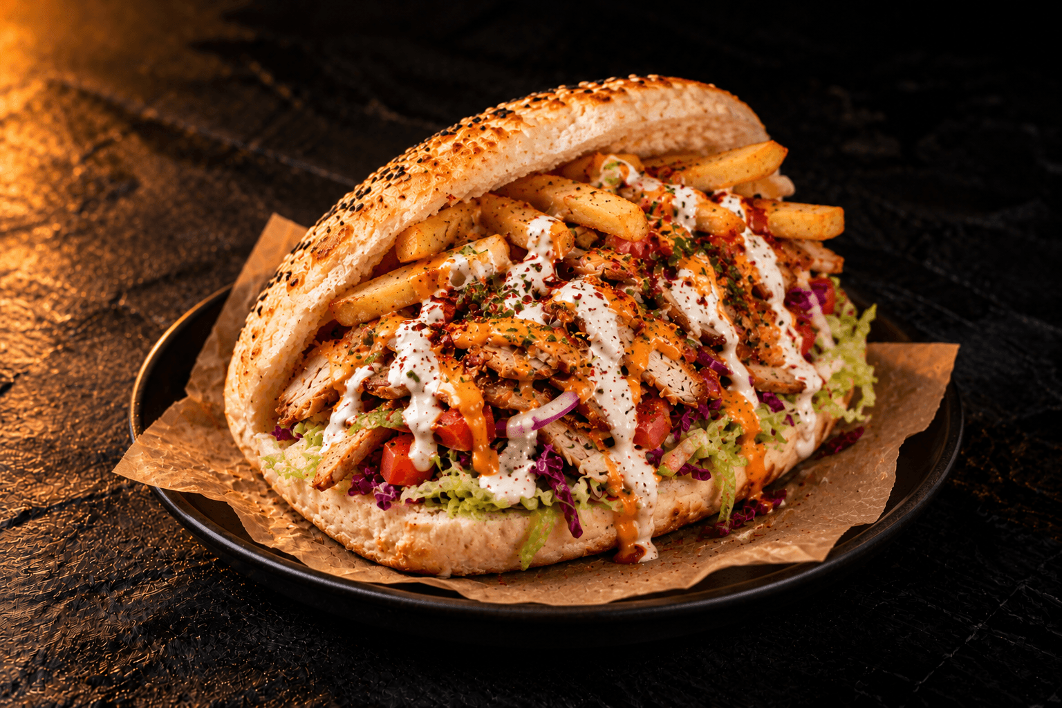 Berlin doner kebab: a flatbread pocket filled with chicken doner, fries, salad and drizzled sauces