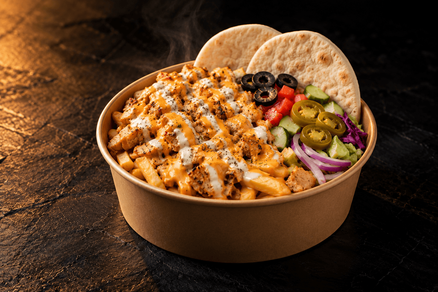Berlin Kebab Box: a kraft bowl of chicken doner and fries with cheese sauce, olives, jalapeños and salad