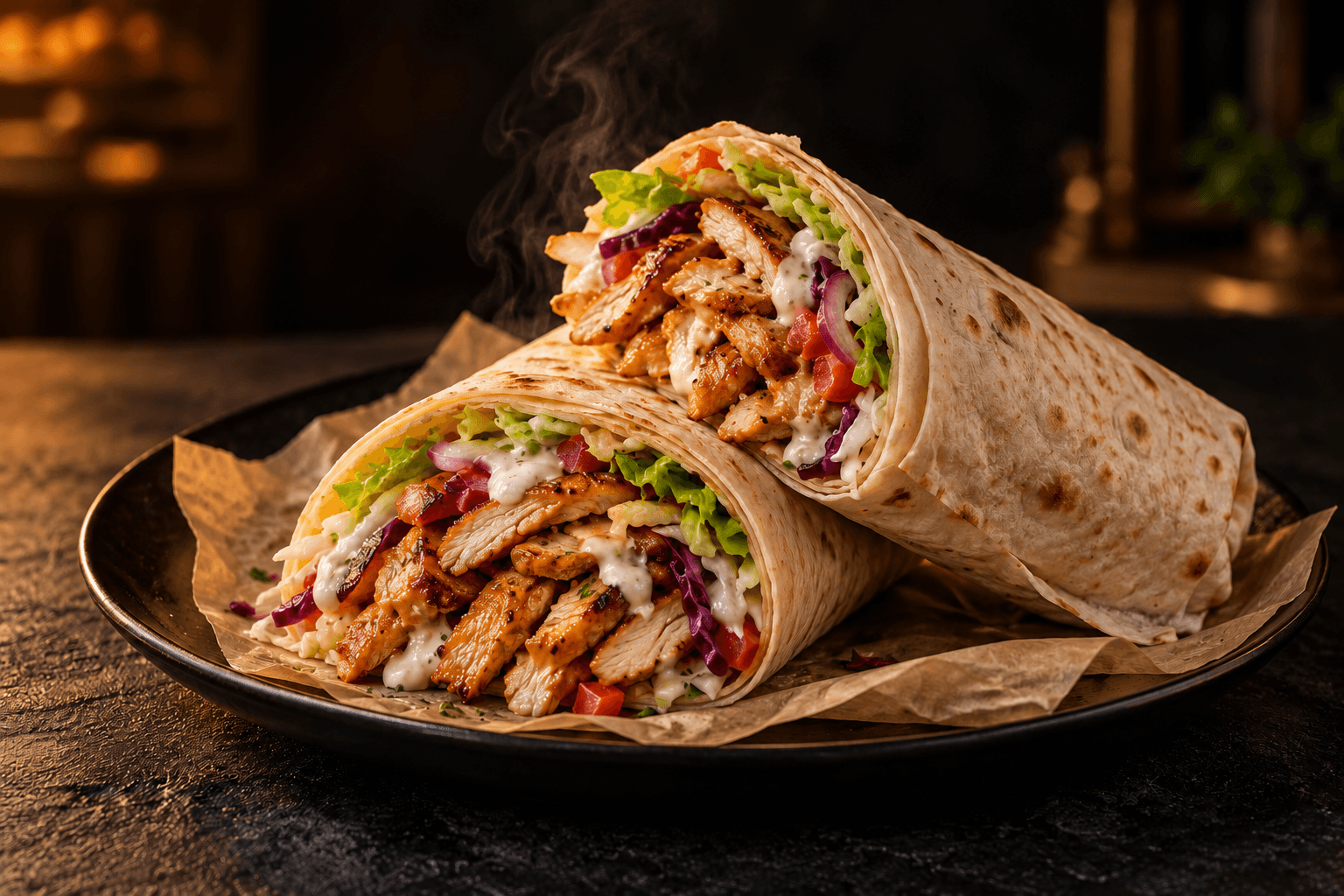Berlin Klassiker Roll cut in half on parchment, filled with grilled chicken, lettuce, red cabbage, tomato and white sauce