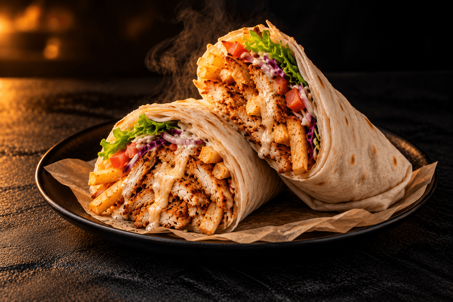 Berlin Signature roll in BDK-branded paper, filled with chicken doner, fries, lettuce, red cabbage and sauce, on a white plate