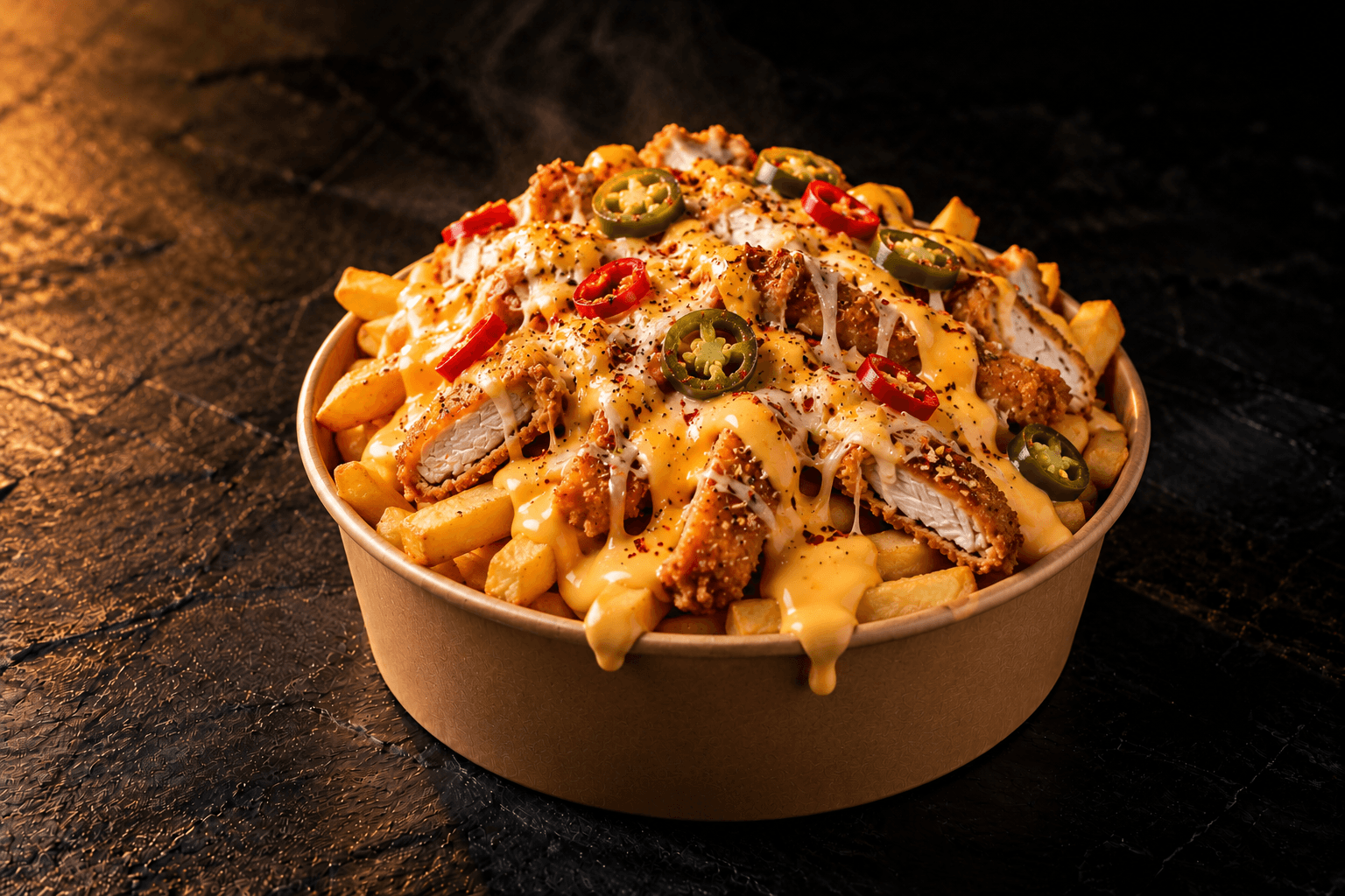 Cheesy loaded fries in a kraft bowl topped with cheese sauce, chilli flakes, jalapeño and red chilli