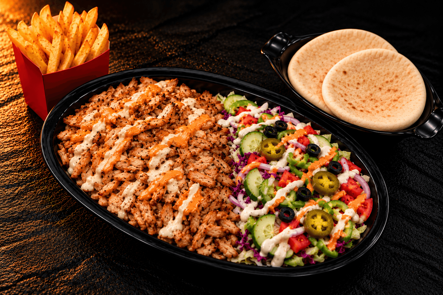 Supreme plate with chicken doner and fries alongside a large salad with olives and jalapeños